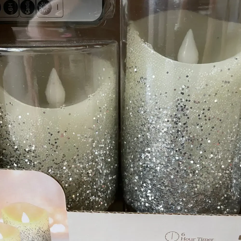 Set of 3 Silver Glitter Flameless LED Candles Battery Operated Holiday Decor NEW